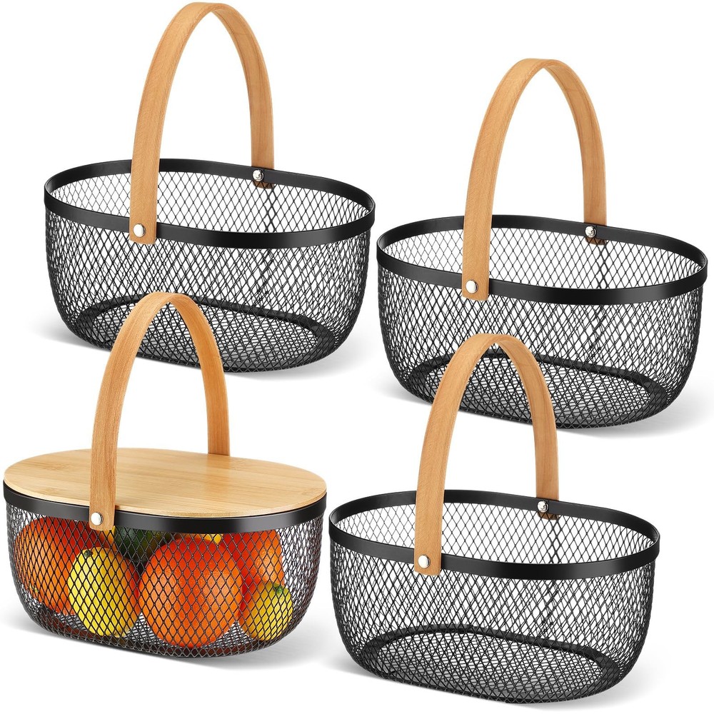4 Pcs Stackable Metal Mesh Fruit Basket with Lid Oval Wire Mesh Storage Baske...