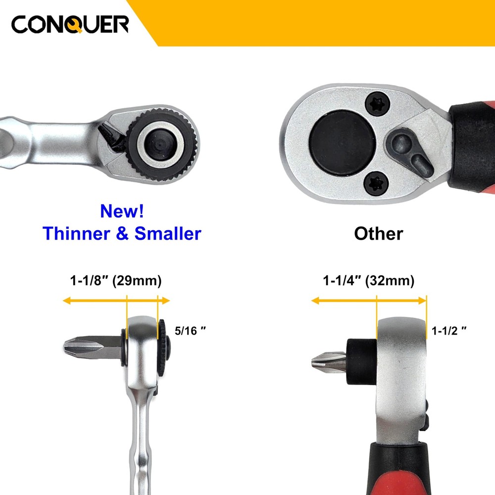 CONQUER Mini Combo Dual Ratchet Wrench with 1/4" Square Drive and Bit Silver