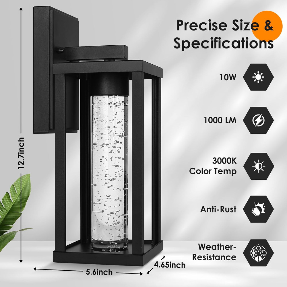 2-Pack Waterproof Outdoor Wall Lights, Modern LED Sconces with Bubble Glass