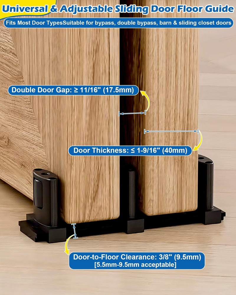 3-Roller Adjustable Sliding Closet Door Floor Guide - 2 Pack, Black