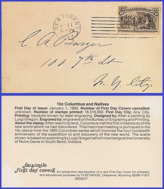 USA3 # 237 ADDR FACSIMILE FDC   10¢ Columbus Presenting Natives