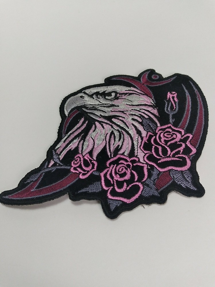 LADIES GLITTER EAGLE PINK ROSES EMBROIDERED Iron On PATCH
