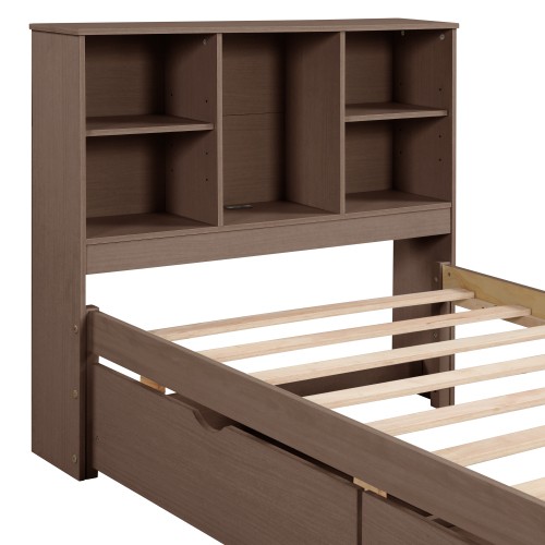 Built-in USB Port On Bookcase Headboard, Modern Twin Size Bed Frame
