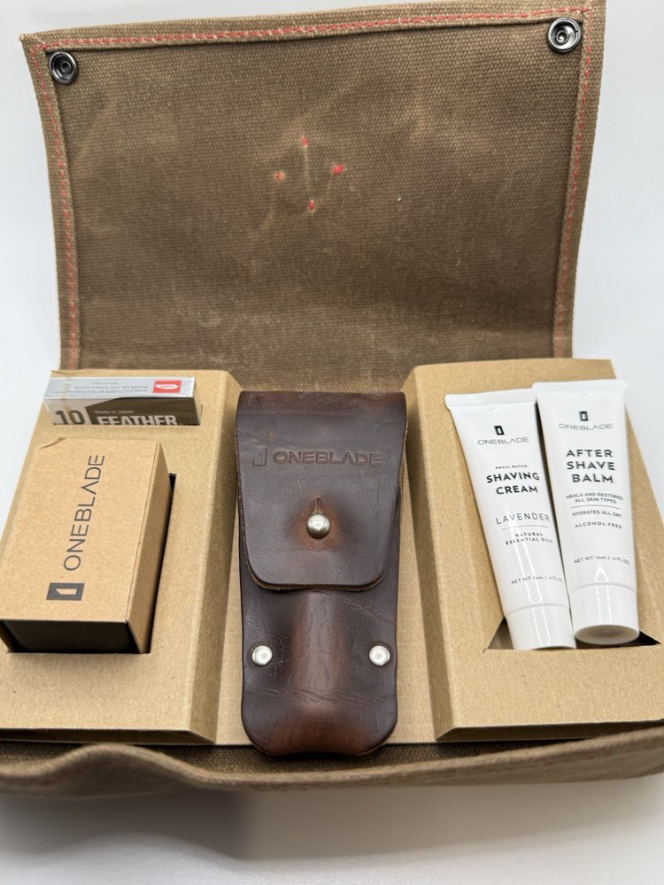 Oneblade Element Razor with leather case, 10 feather blades, & blade disposal