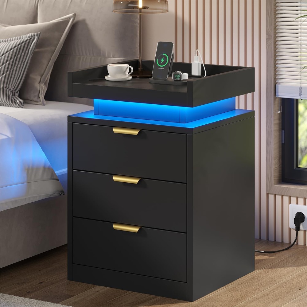 LED Bedside Table with USB Ports 3 Drawer Black