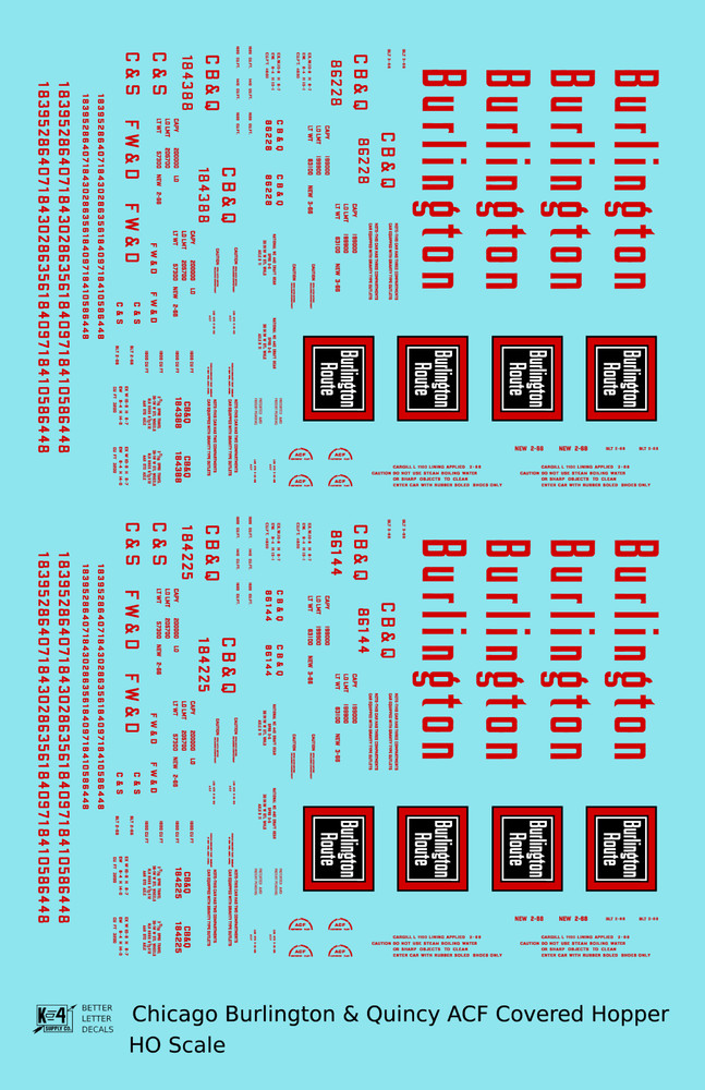 K4 HO Scale Decals Burlington CB&Q ACF Covered Hopper Red