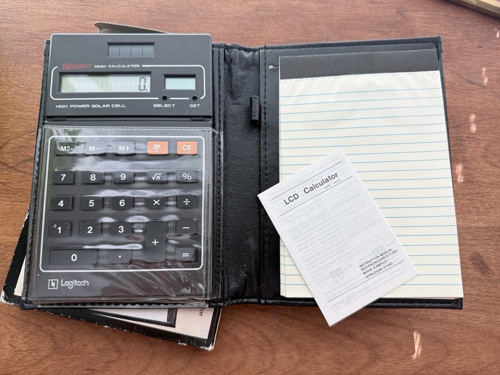 Solardesk Vtg LOGITECH Calculator w Notepad Case, Solar Powered Calculator