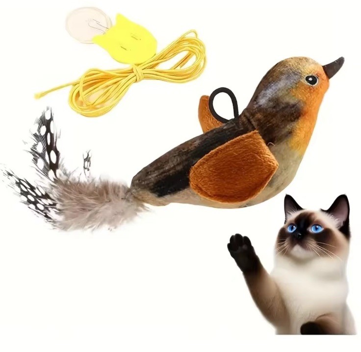 Interactive Flapping Bird Cat Toy Plush Sparrow, Chirping, Detachable, Hangable