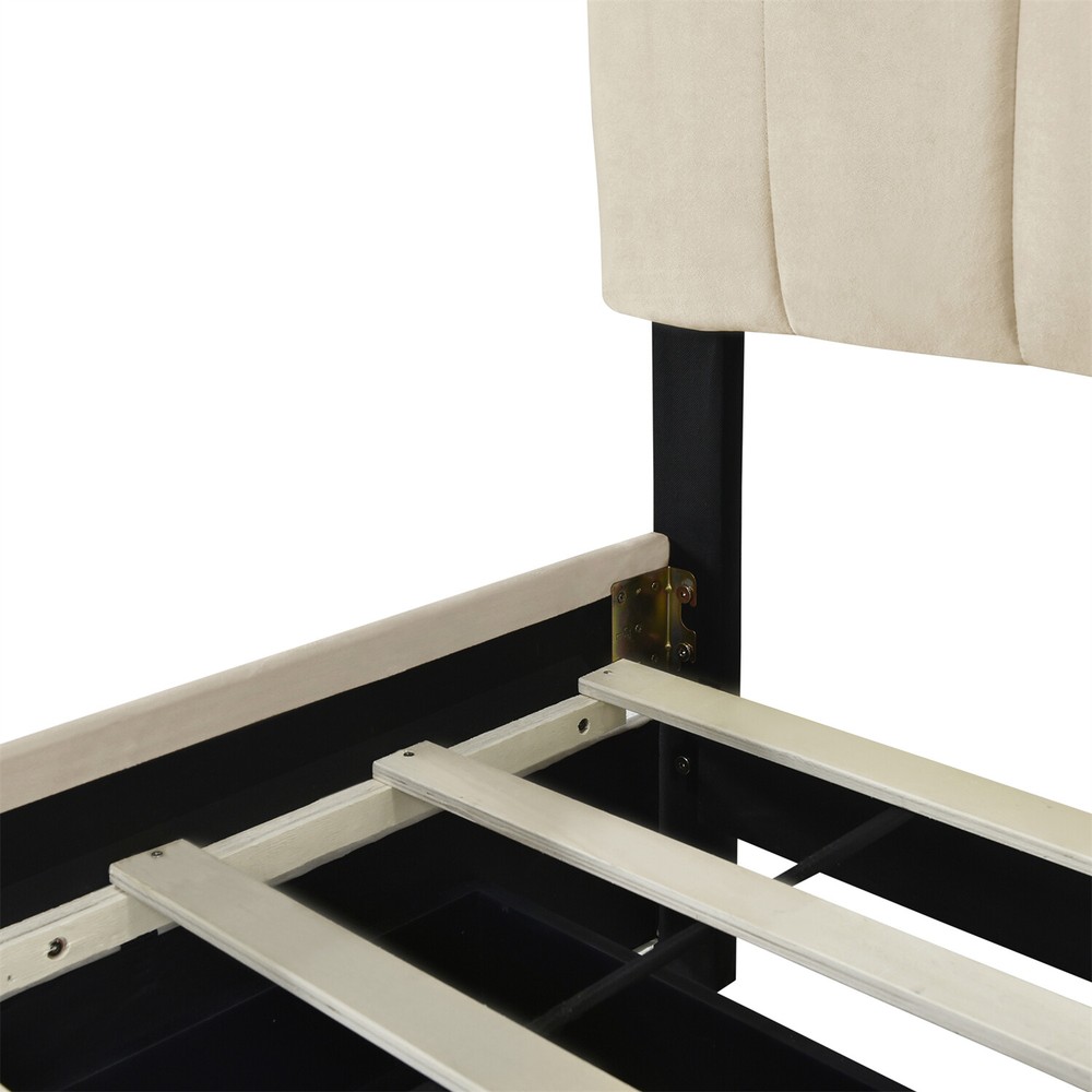 Queen Size Bed Frame Upholstered Platform Bed w/ Pull-Out Trundle & 2 Drawers