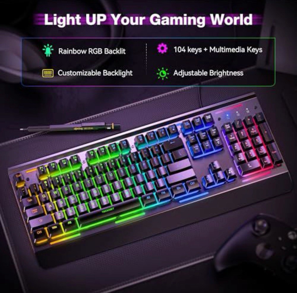 TECKNET RGB Wired Gaming Keyboard Customizable Backlight Multimedia Keys USB PC