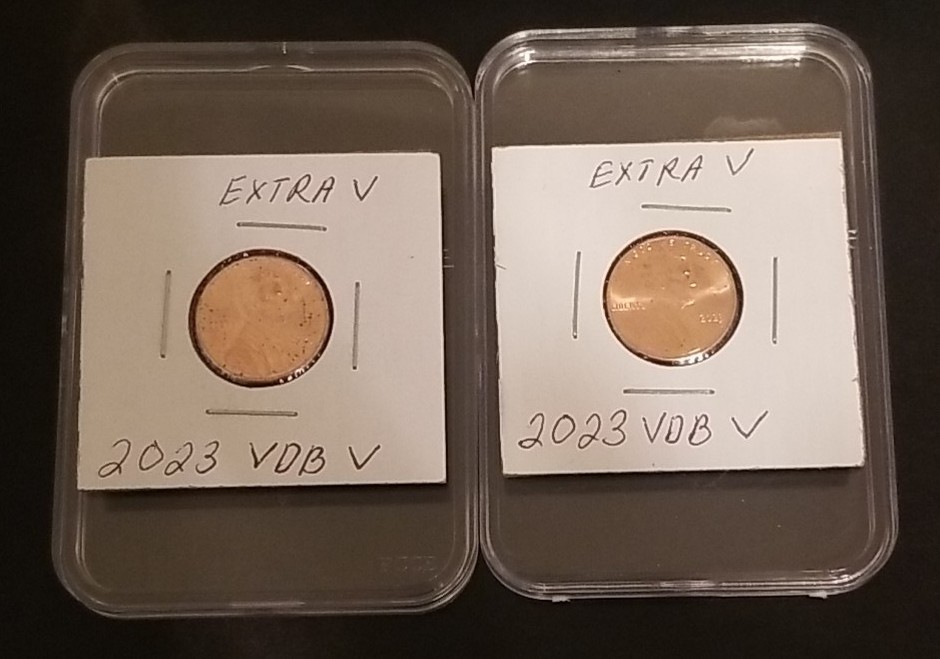 2023 VDB Extra V Lincoln Shield Cent, Two (2), Circulated 1 Cent Error Pennies