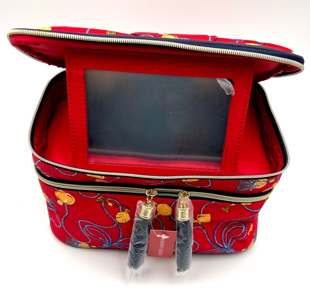 Estee Lauder Double Layer Makeup Train Case Bag with Handle & Build in Mirror