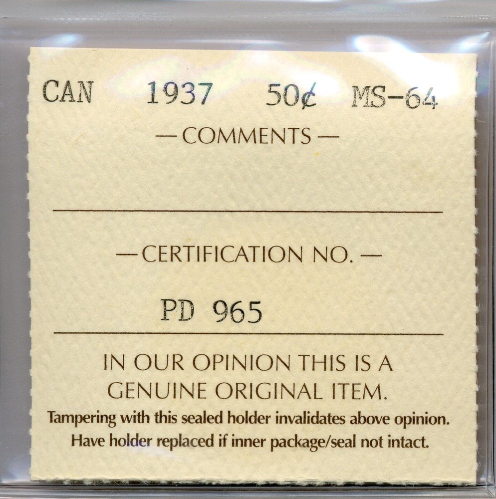 1937 Canada 50 Cents - Choice Uncirculated, ICCS MS64