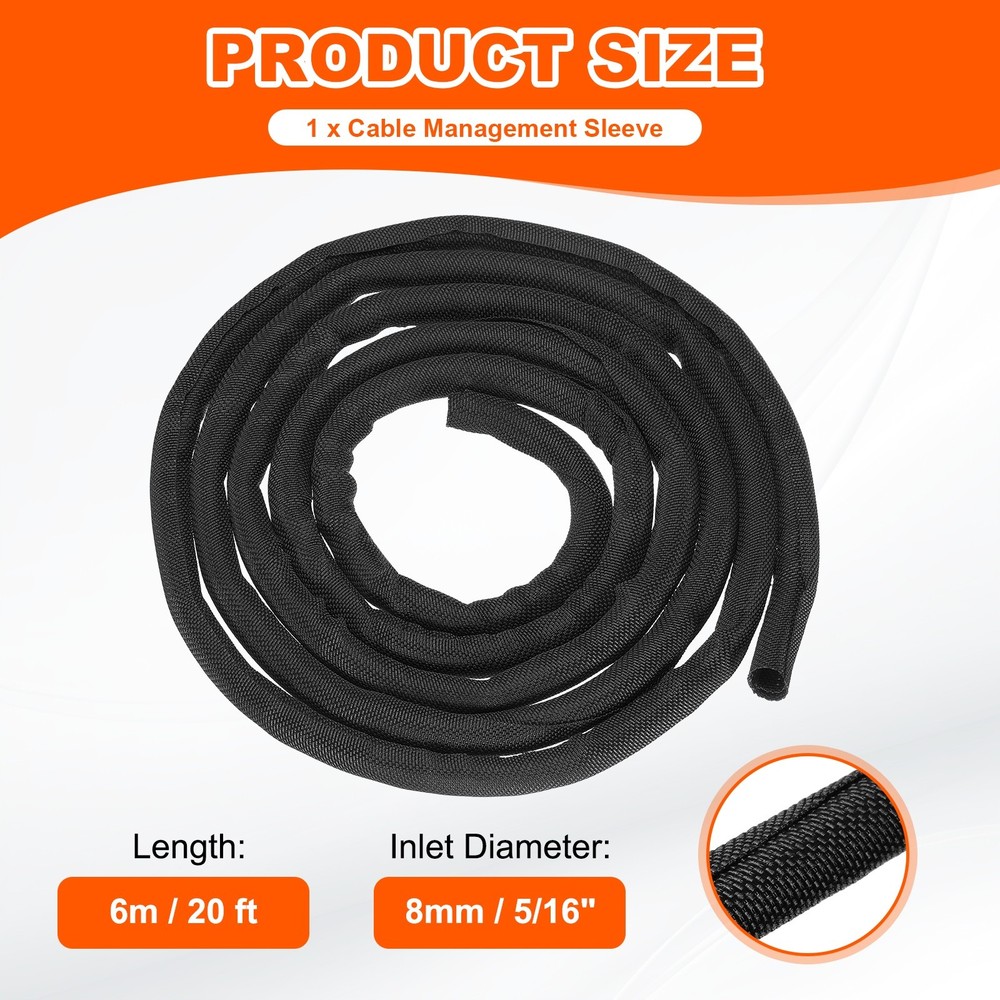 Wire Split Braided Cable Management Sleeve, Black (1 1/8" - 20 Feet)