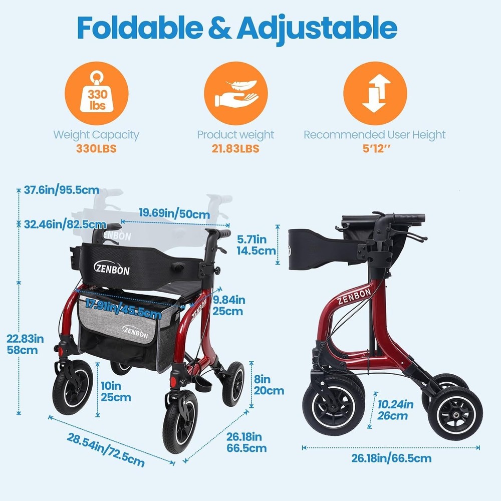 Ergonomic Rollator Walker for Seniors - Foldable | 330lbs Capacity | Red