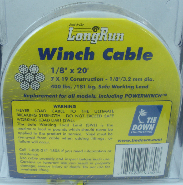Tie Down Engineering 59380 Winch Cable Galvanized 1/8" X 20`