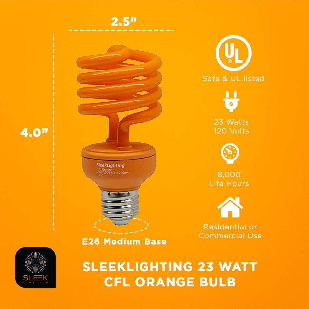 23 Watt T2 Orange Light Spiral CFL Light Bulb, UL Approved-, E26 Medium Base-Ene