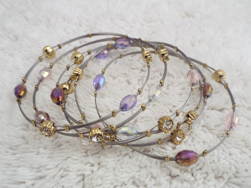 6 pc Wire Lavender Bead Rhinestone Bangle Bracelet Set