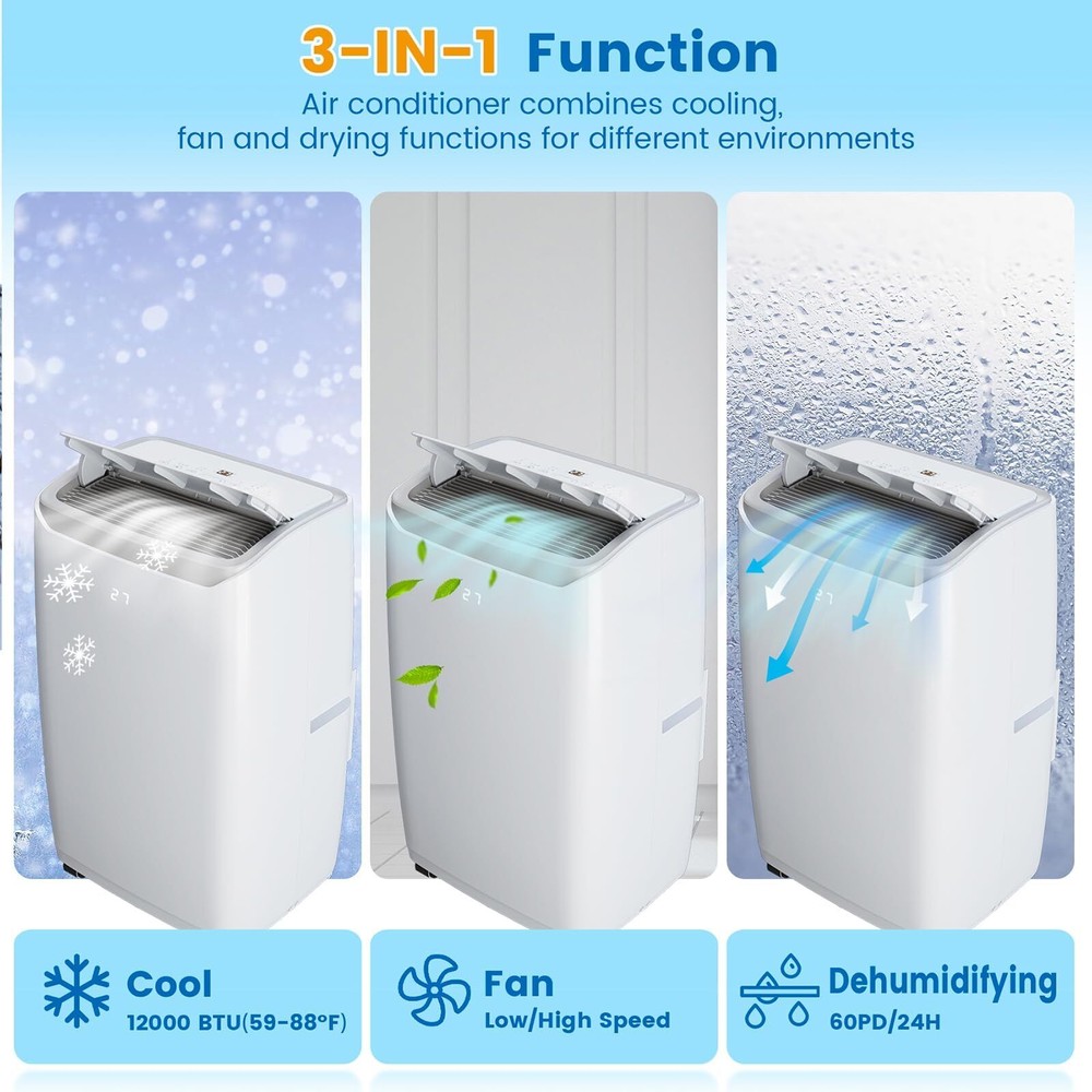 ✅12000 BTU Portable Air Conditioner Cools Rooms up to 550 Sq.ft Dehumidifier AC