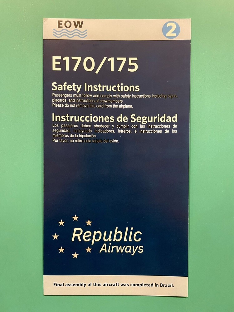 2019 REPUBLIC AIRLINES SAFETY CARD--E170/175 OVERWATER