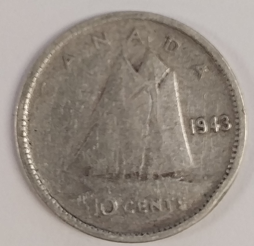 1943 Canada 10 Cents 80% Silver KM #34