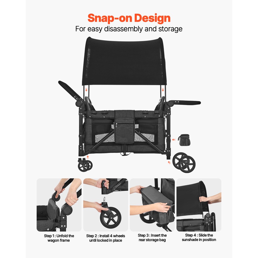 Wagon Stroller 4 seater Push Pull Quad Collapsible Stroller 330LBS with Canopy