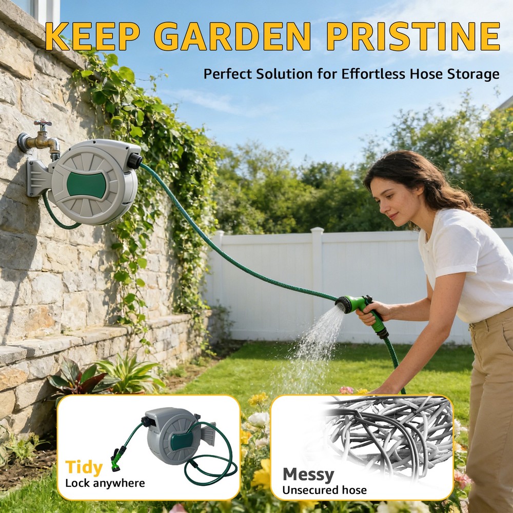 Retractable Wall-Mounted Garden Hose Reel 1/2 inx100 ft