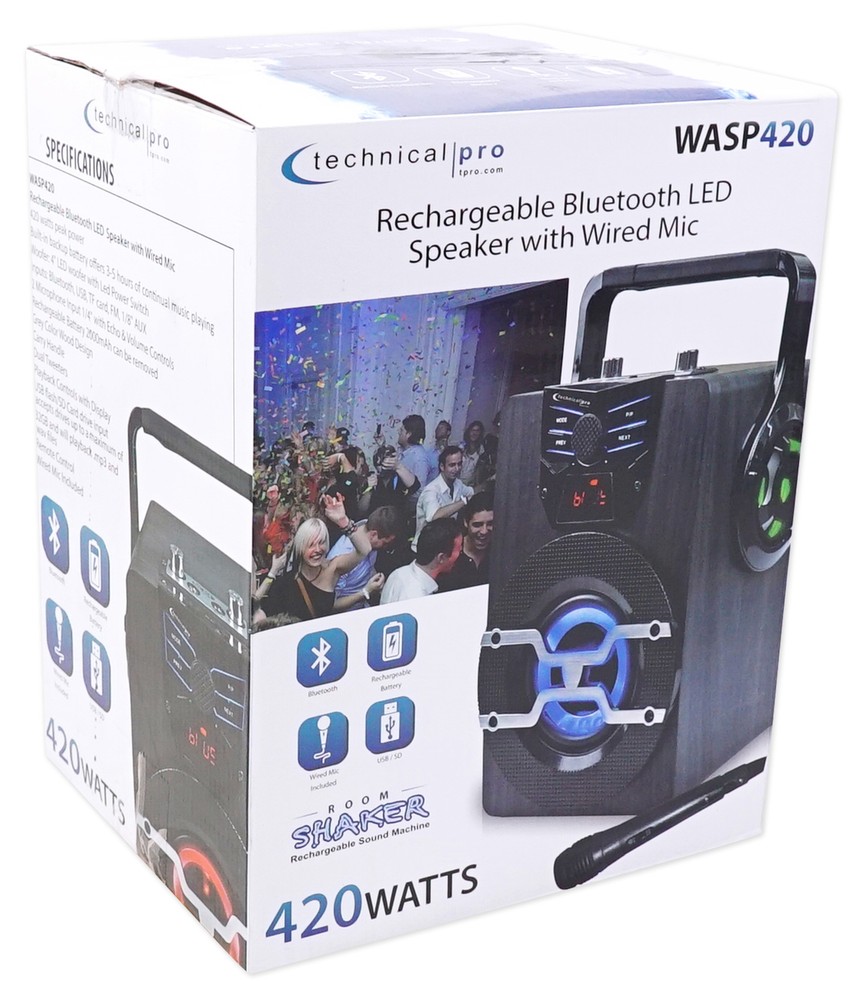 Technical Pro WASP420 Bluetooth Karaoke Machine System w/TV LED's + Mic + Stand