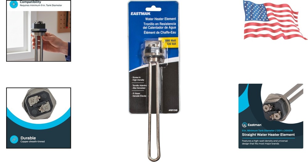 High Watt Density 120V x 2000W Straight Water Heating Element - Fast & Reliable