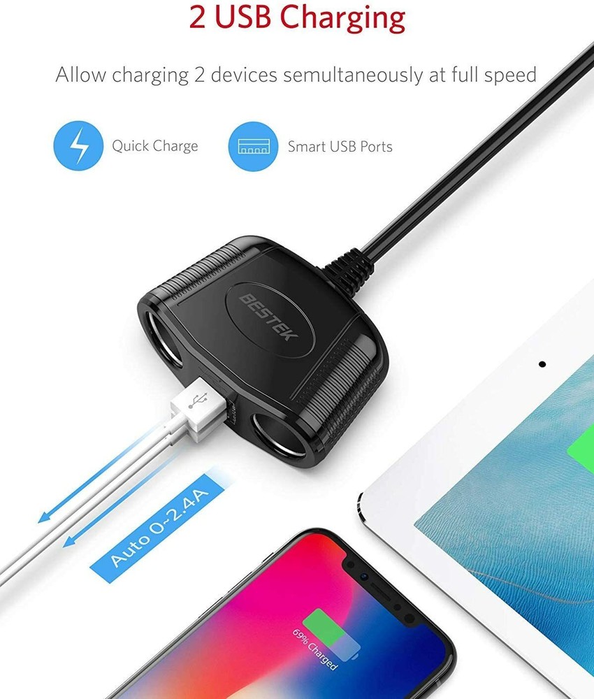 BESTEK 150W 2-Socket Cigarette Lighter Splitter Power Adapter with 2 USB Outlets