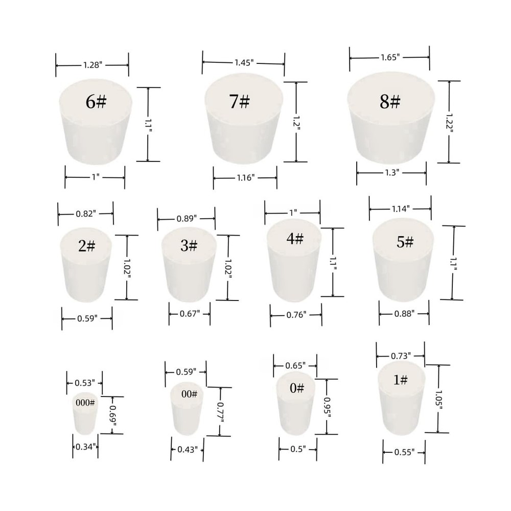 26 Pack Solid Rubber Stopper, White Lab Plug, 000# - 8# Sizes Assortment, 11