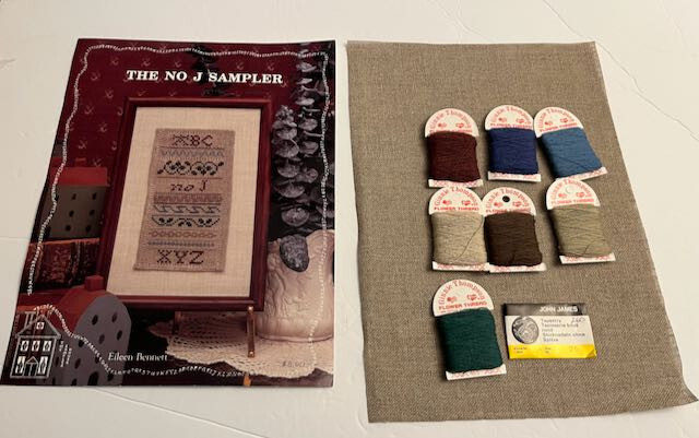 NO J SAMPLER Eileen Bennett Needlework Chart Linen Fabric Thread Ginnie Thompson