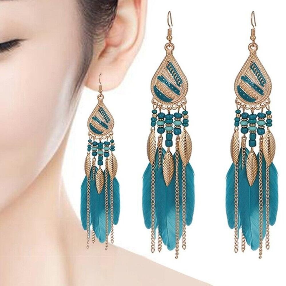 Feather Boho Rice Bead Stud Long Waterdrop Tassel Earrings Hook Boho Ethic Danly