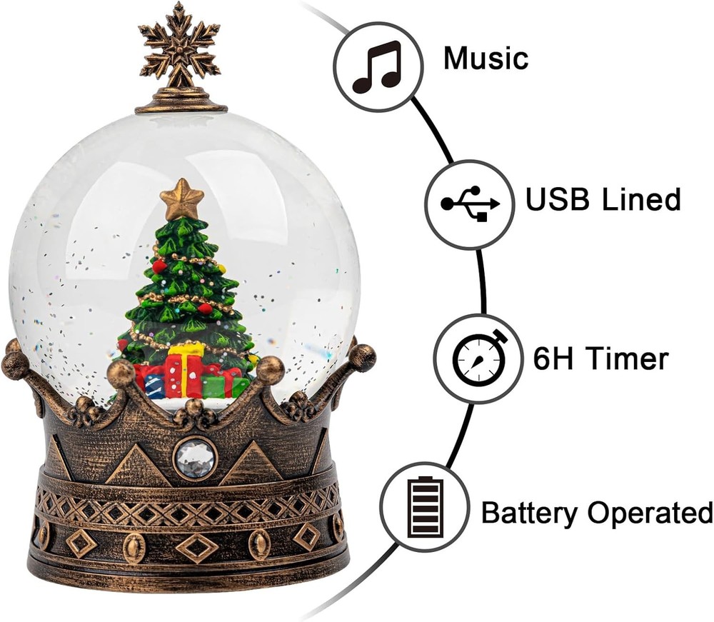 Charming Glittering Christmas Tree Crown Snow Globe with USB & Battery Modes