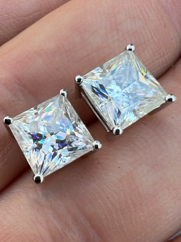 Real Square Princess Stud Earrings Unisex Silver Passes Tester