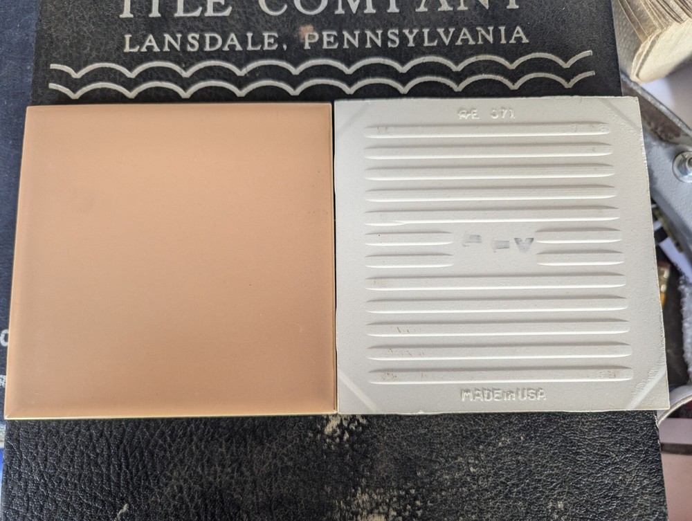 2 pc American Olean Encaustic #85 Apricot Ceramic Tile 4-1/4" Square Matte 1950s