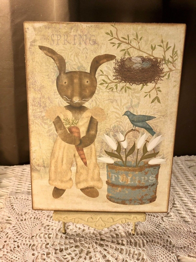 PRIM Folk Art SPRING Bunny Rabbit Handcrafted Plaque Sign