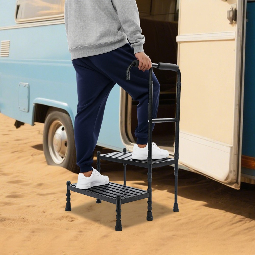 Double Step Stool With Movable Rubber Shock-absorbing Base, Black 21 Inches Long