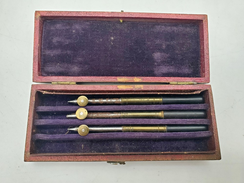 ANTIQUE DRAFTING & DRAWING INSTRUMENT 1800s EBONY HANDLE SET PEN TOOL ENGINEER