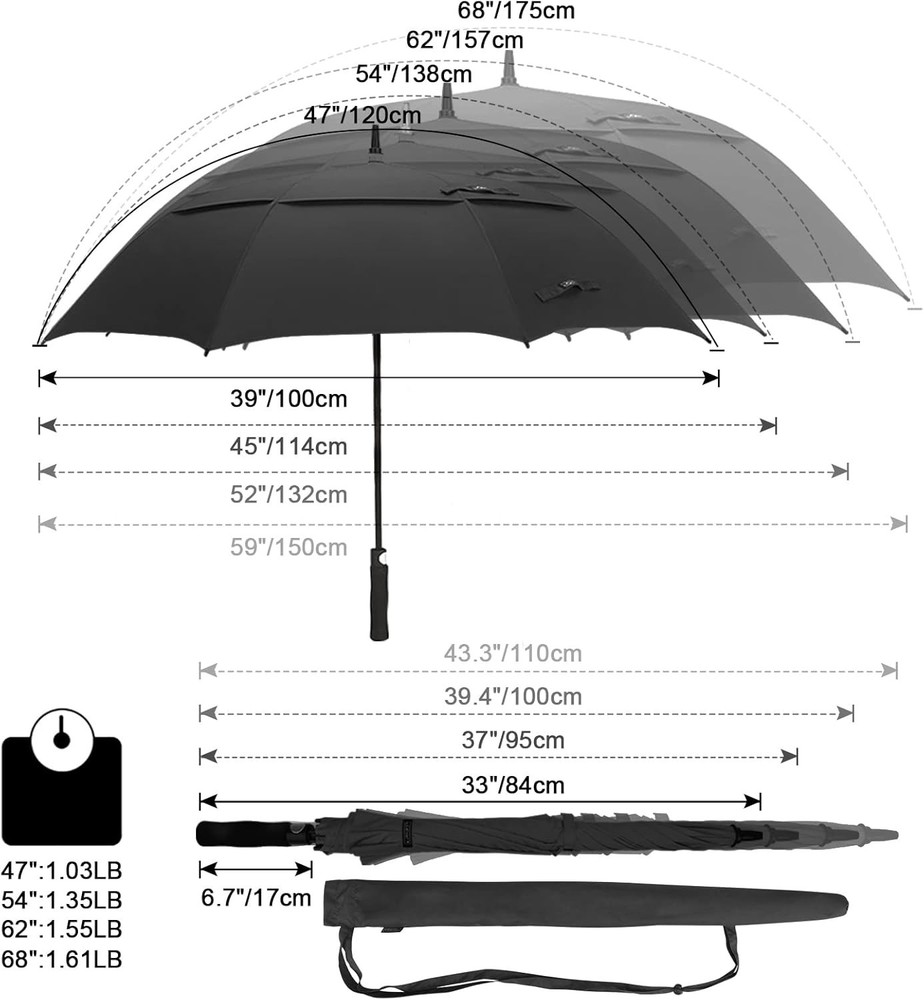 47In Automatic Open Golf Stick Umbrella Oversize Double Canopy Vented Waterproof