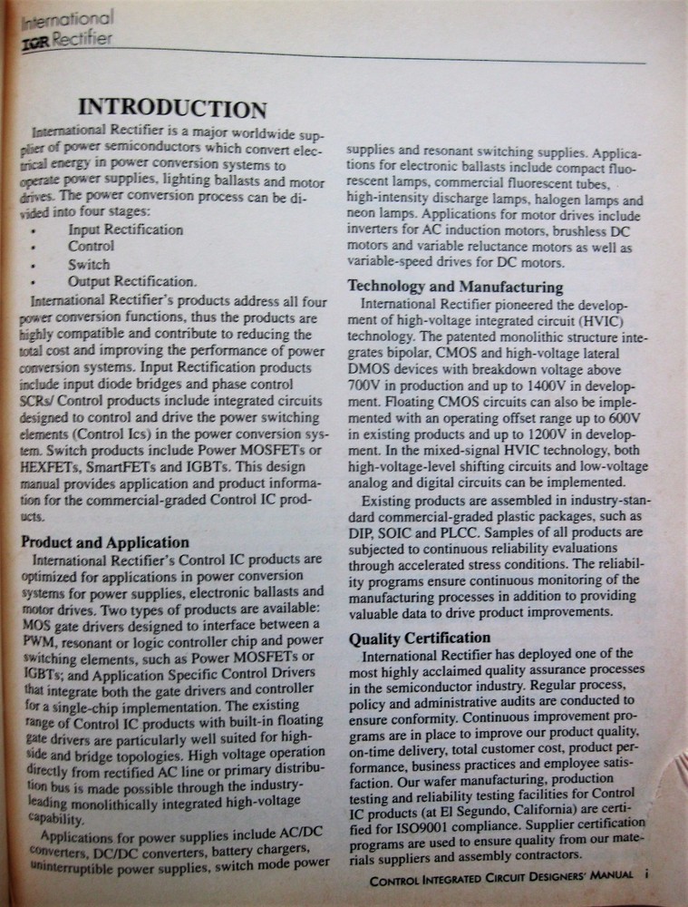 Control Integrated Circuits Designers Manual International Rectifier Electronics