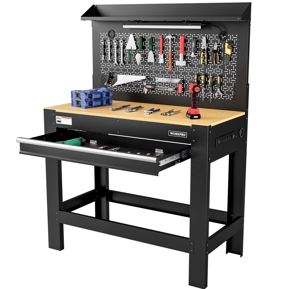 WORKPRO 45" Heavy-Duty Workbench with Pegboard Garage Workbench w/Storage 800LBS