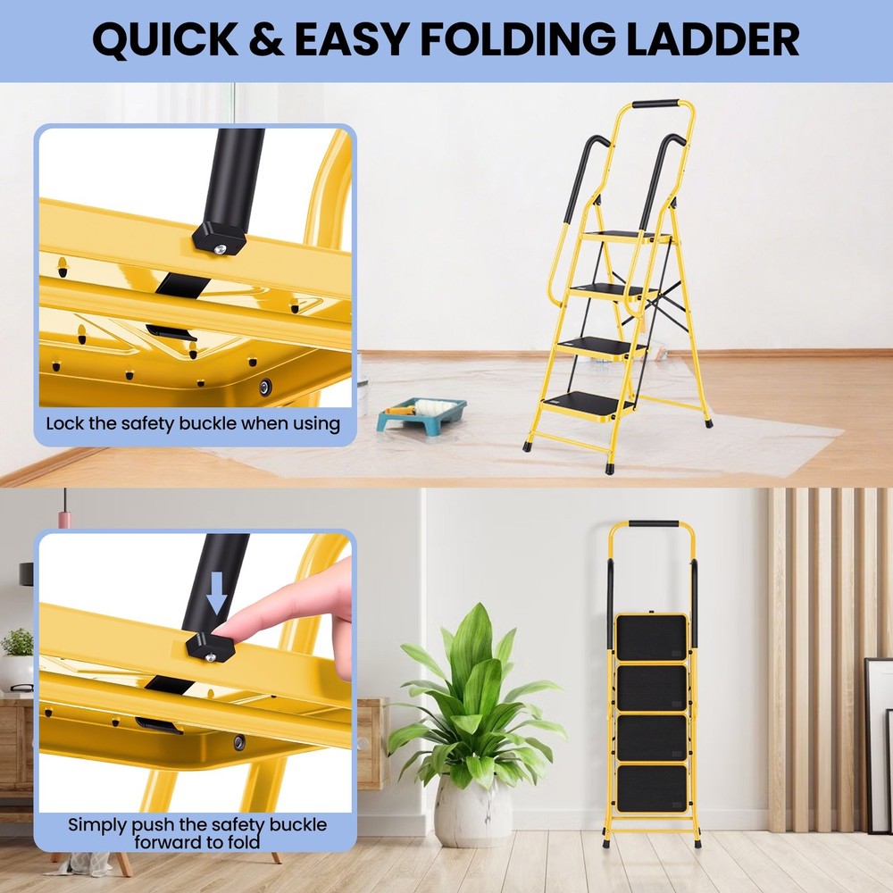 4 Step Ladder with Hankdrails, Folding Step Stool withSafety Lock yellow