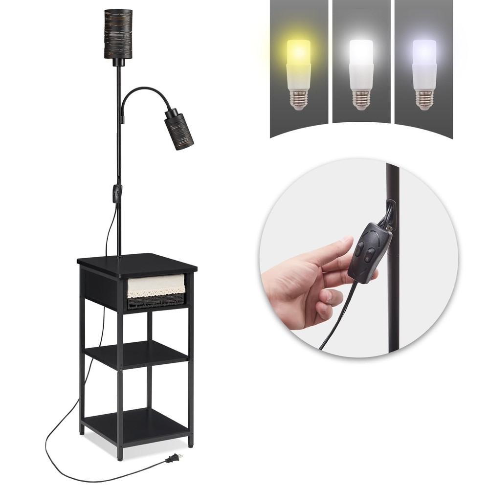 Floor Lamp with End Table, 2 Bulbs Included, Adjustable Brightness - Compact