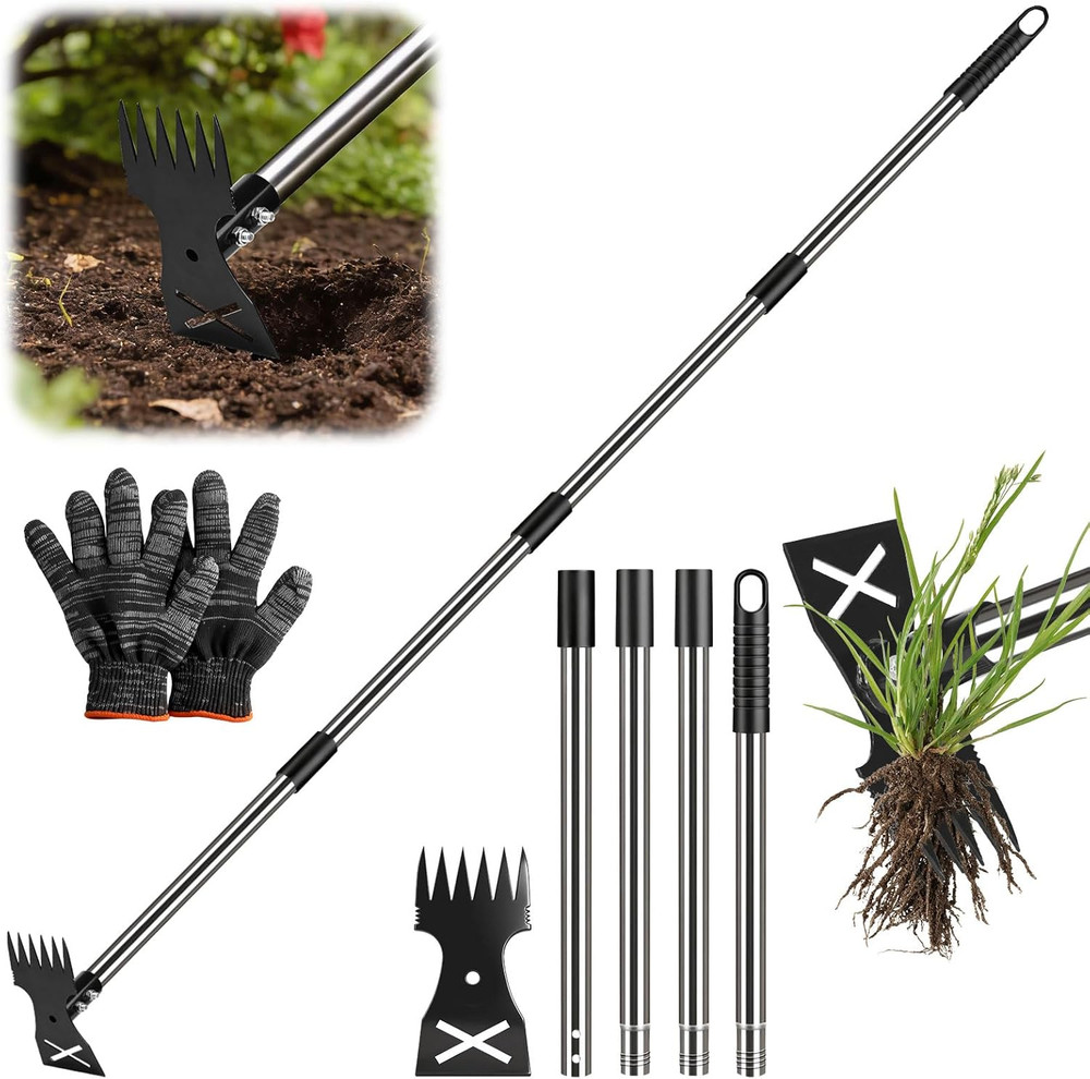 Adjustable Long Handle Weed Puller Tool - 2-in-1 Manual Weeder and Rake