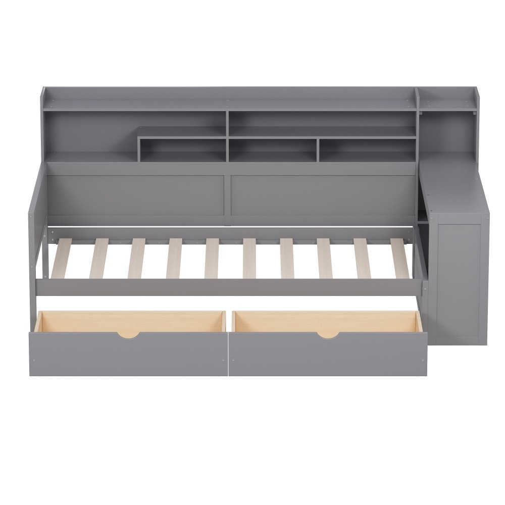 Twin Daybed w/ Storage & Desk, Wood Frame, Gray - Space Saving Design