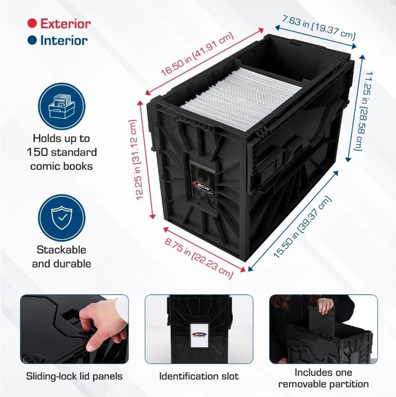 BCW Stackable Short Comic Book Bin for 150 Comics with Locking Lids - Black