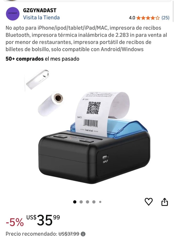 Impresora recibo Bluetooth Thermal Receipt Printer for Android/Windows, 2.283 in