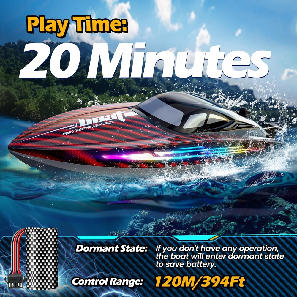 RC Boat 30KMH with 7Light Modes,Remote Control Electric Fast Speed Red