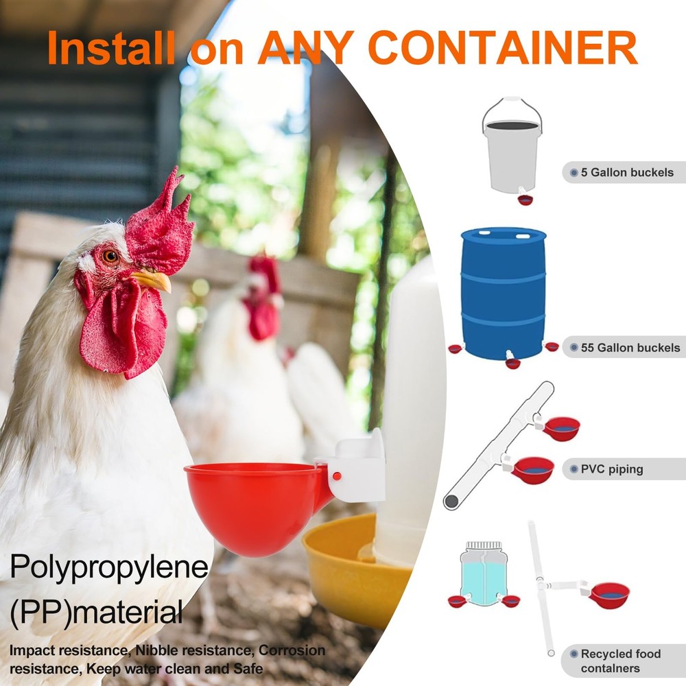 Automatic Chicken Waterer Cups 6 Pack Large Leakproof Poultry Feeder - Easy